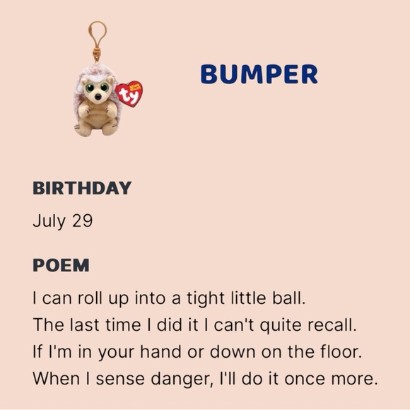 Ty Plush Hedgehog “Bumper” Bag Charm Key Chain NWT - Picture 5 of 14